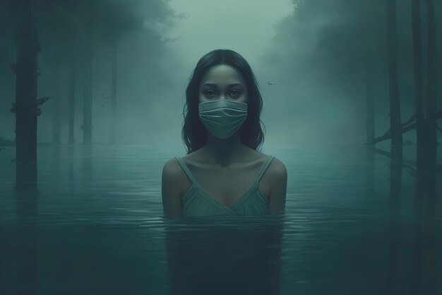 Woman stand on water with a mask