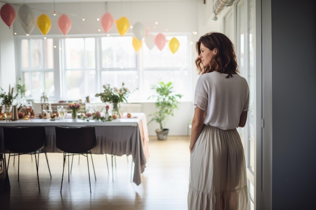 Woman standing alone at a birthday party