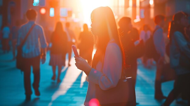 Photo woman standing amidst a busy office going crowd hooked to their mobile phones busine generative ai