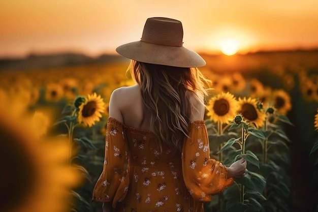 A woman standing amidst a vibrant field of sunflowers