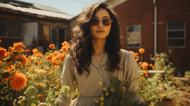 a woman standing around the flower garden