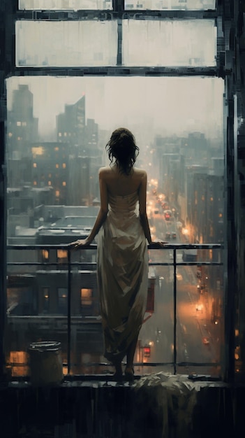 Женщина стоит на балконе и смотрит на городской пейзаж.