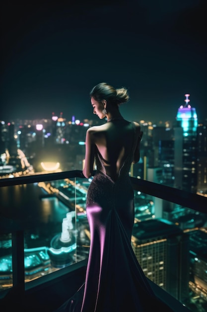 夜街を見下ろすバルコニーに立っている女性AI生成画像