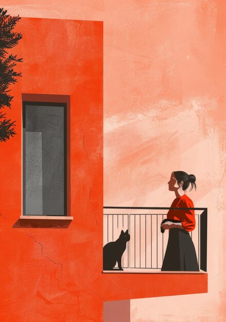 Photo a woman standing on a balcony with a cat