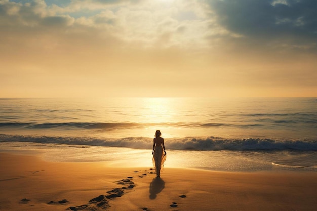 A woman standing on the beach in front of the ocean with the sun setting behind her.