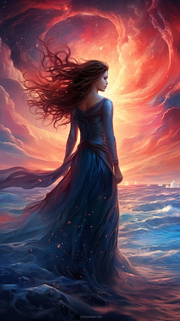 A woman standing on the beach looking out at the sea The sky is stormy and there are waves crashing on the shore