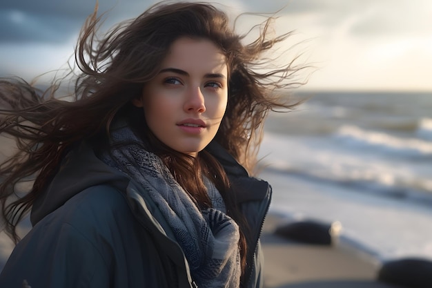 A woman standing on a beach next to the ocean