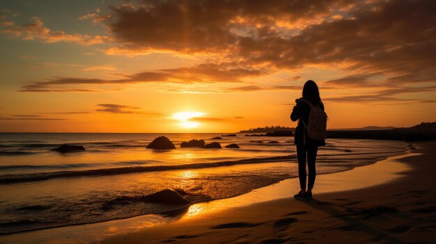 A woman standing on the beach at sunset ai