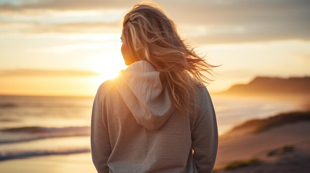 夕暮れのビーチに立って地平線を見ている女性