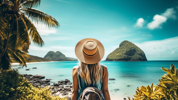 женщина, стоящая на пляже на тропическом острове в окружении пальм, летние каникулы