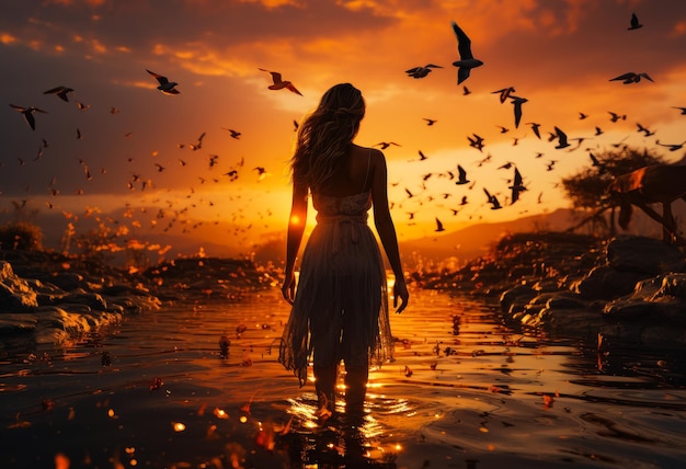 A woman standing in a body of water at sunset
