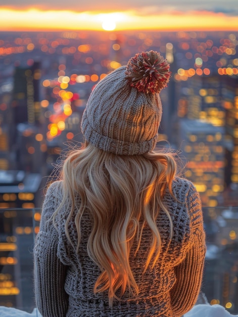 Photo woman standing on building overlooking city