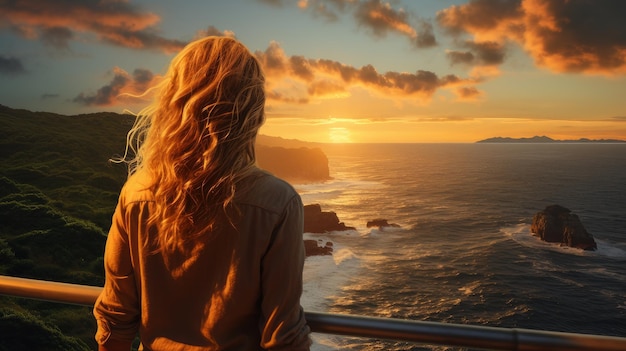 woman standing by the sea admiring the sunset