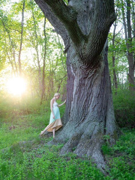 Foto donna in piedi vicino al tronco di un albero nella foresta