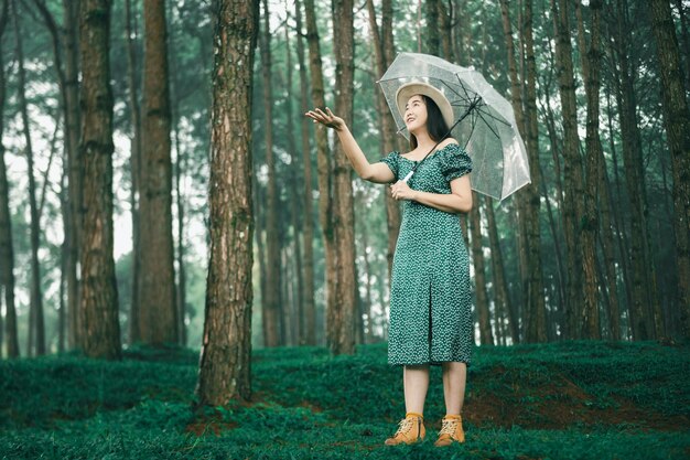 Woman standing by tree trunk in forest