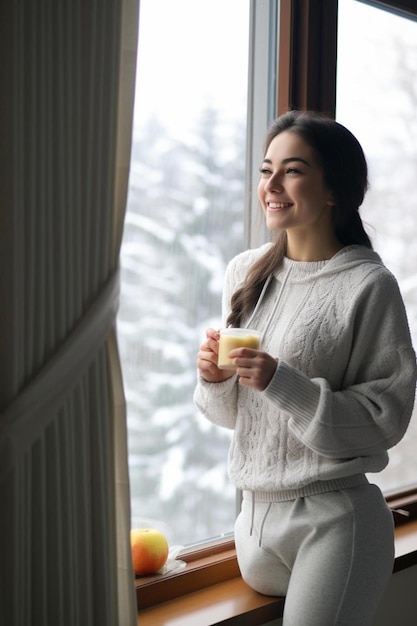 一杯のコーヒーを持って窓のそばに立つ女性