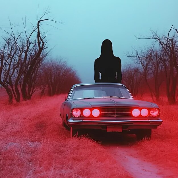 Photo a woman standing next to a car in a field