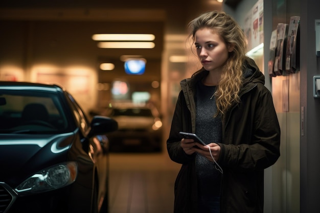 A woman standing next to a car holding a cell phone