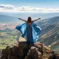 Photo a woman standing on a cliff with her arms outstretched wearing a blue dress