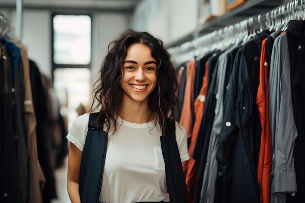 woman standing in a clothing rack in the style of taggin