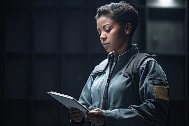 A woman standing in the dark holding a book