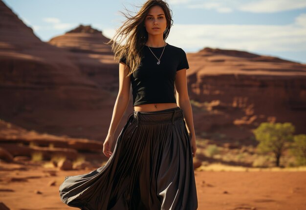 Woman Standing in Desert Wearing Skirt