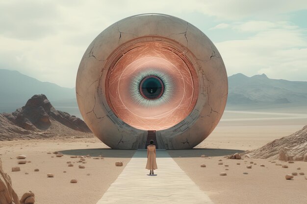 a woman standing in the desert with an eye in the middle of her