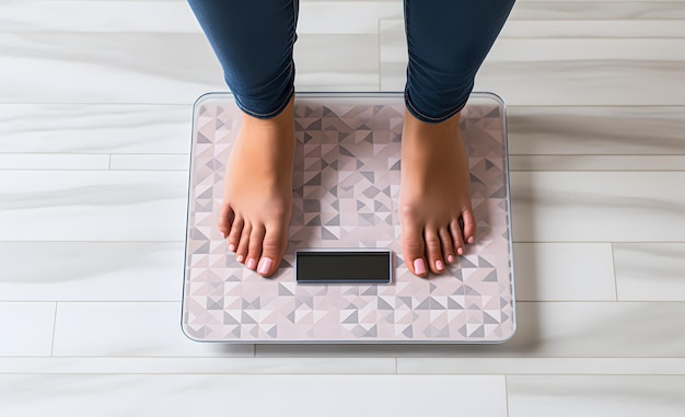 Photo a woman standing on a digital scale to measure her weight