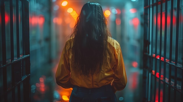 A woman standing in a dimly lit prison cell at night