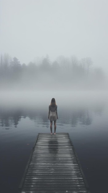 Foto una donna in piedi su un molo nella nebbia