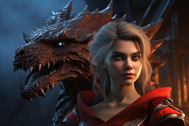 a woman standing next to a dragon