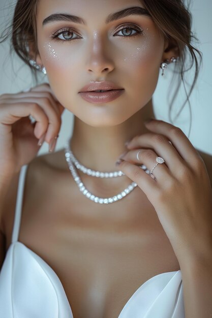 Photo a woman standing elegantly in a white dress adorned with a classic pearl necklace the pearls glisten