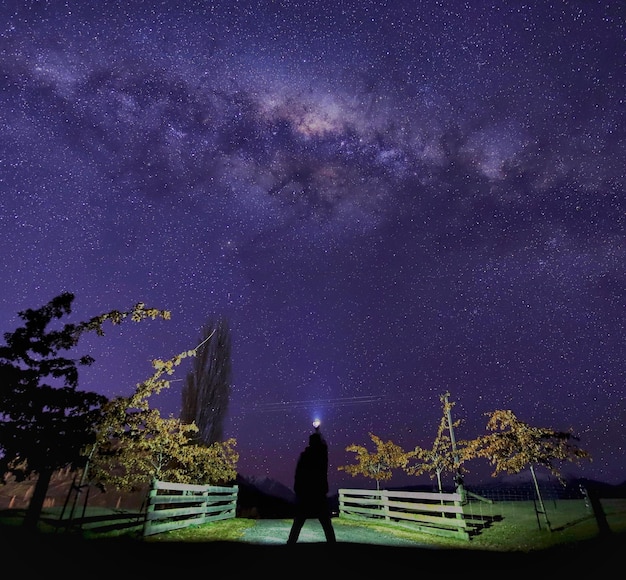 Foto donna in piedi sul campo contro il cielo di notte