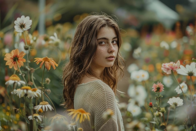 A woman standing in a field of flowers