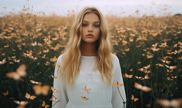 A woman standing in a field of flowers