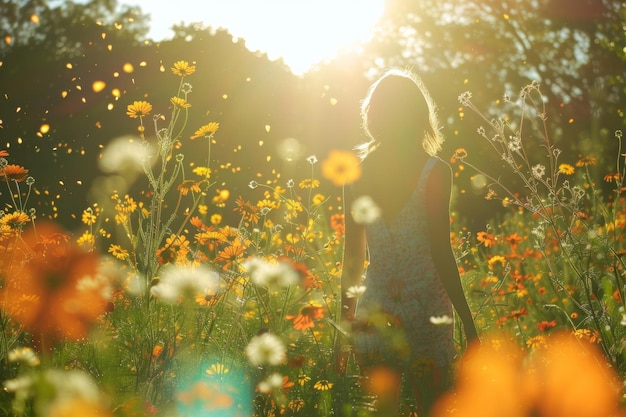 花 の 畑 に 立っ て いる 女性