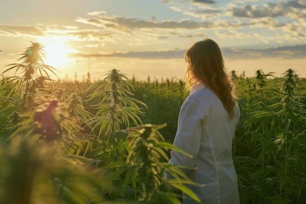 Foto donna in piedi in un campo di marijuana