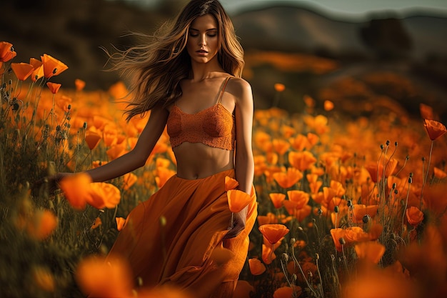 A woman standing in a field of orange flowers