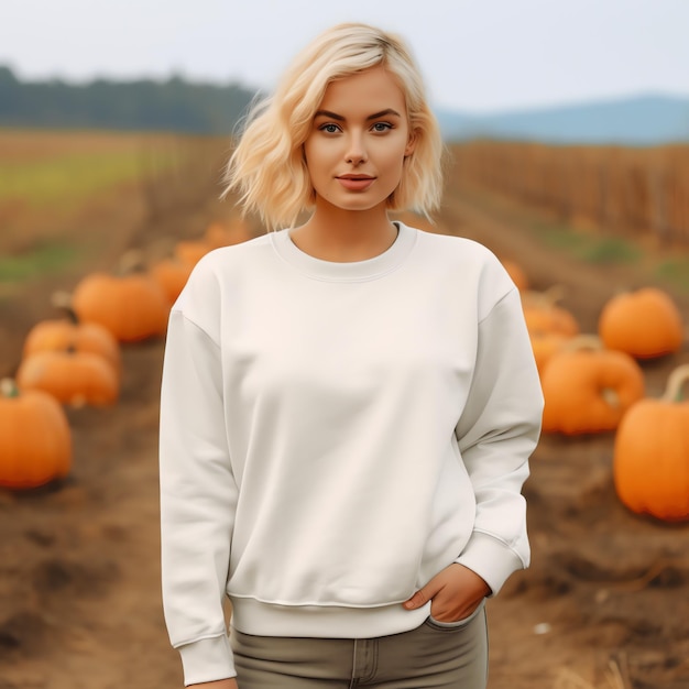 A woman standing in a field of pumpkins