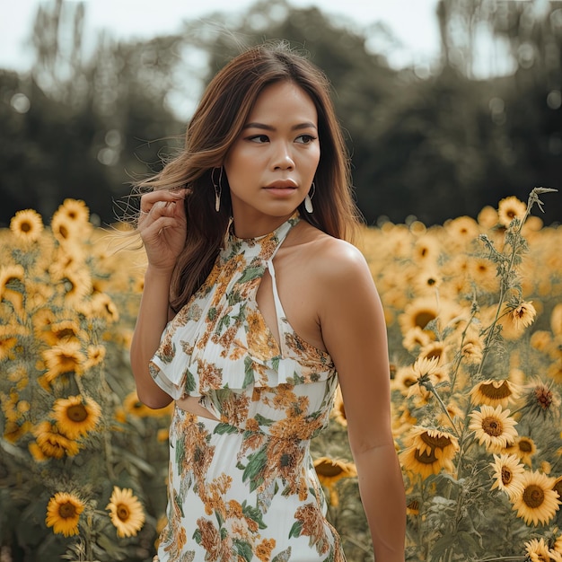 A woman standing in a field of sunflowers Generative Ai