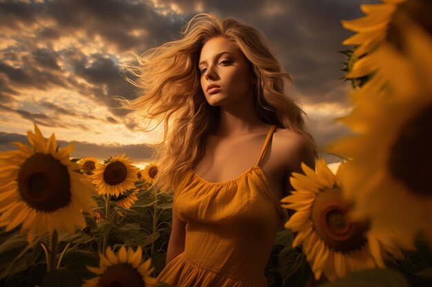 Foto una donna in piedi in un campo di girasoli