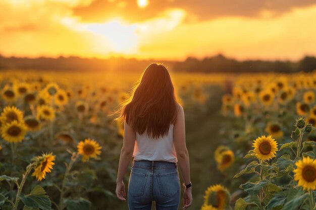 Foto donna in piedi in un campo di girasoli