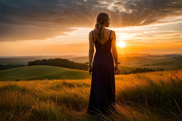 Woman standing in a field at sunset looking at the horizon