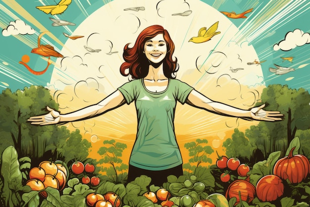 A woman standing in a field of vegetables with her arms outstretched The sun is shining brightly and there are birds flying in the sky