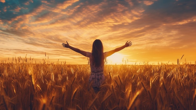 A woman standing in a field of wheat with her arms outstretched