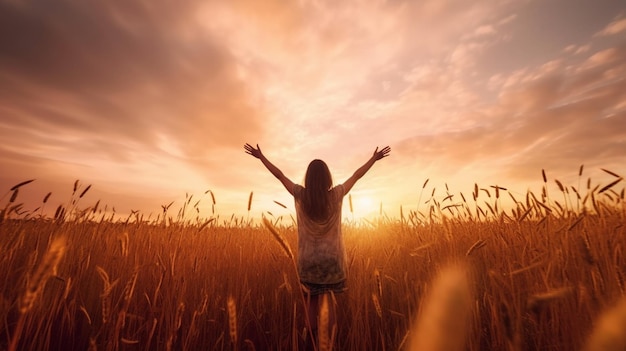 A woman standing in a field of wheat with her arms raised in the air