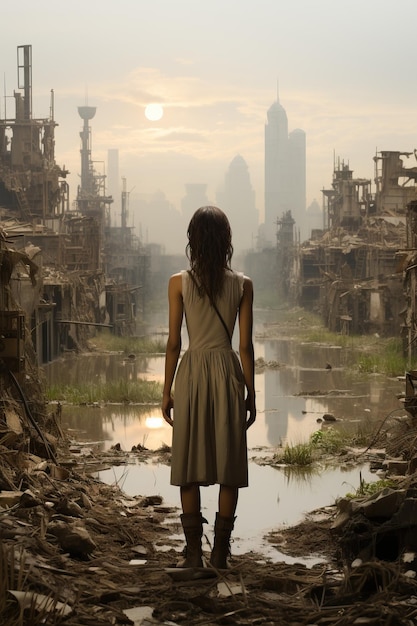 a woman standing in a flooded area