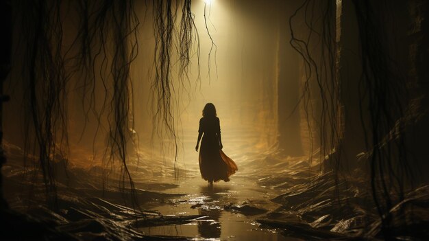 Женщина, стоящая в тумане на таинственном фэнтезийном фоне, загадочная фэнтезийная сцена