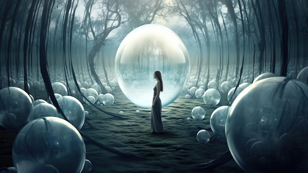 A woman standing in a forest with a large glass sphere Generative AI Art