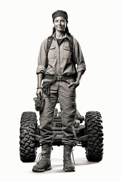 Photo a woman standing in front of an allterrain vehicle